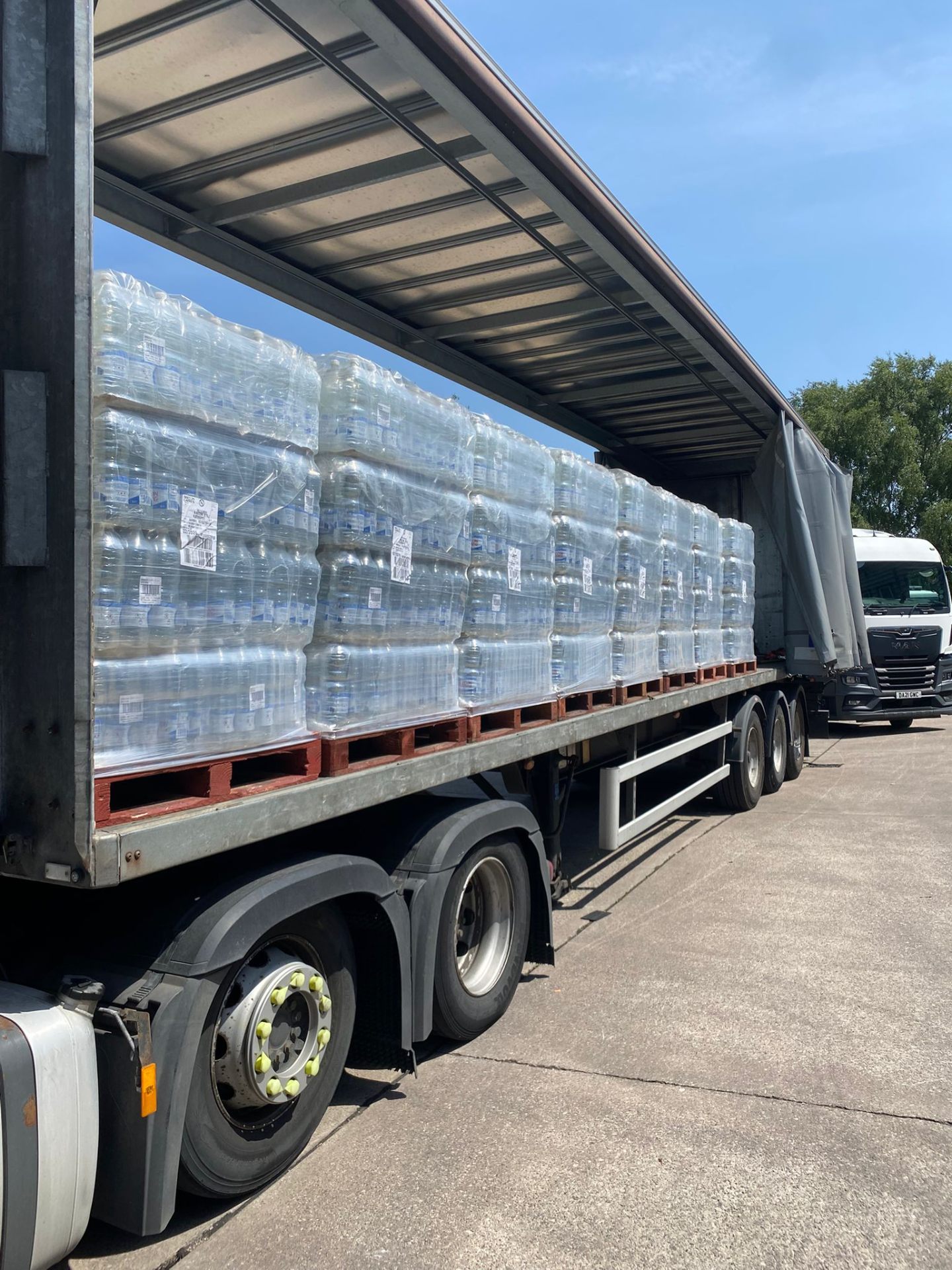 Full trailer load of bottled water on pallets
